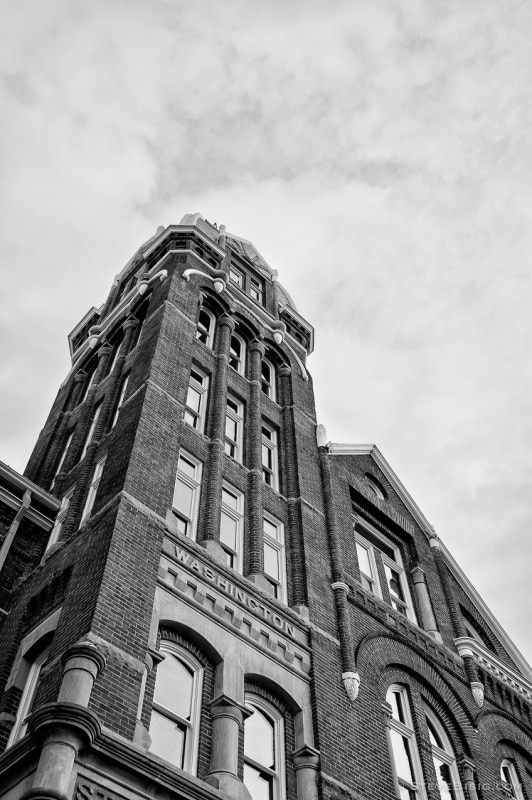 A black and white photograph of Barge Hall at Central Washington University in Ellensburg, Washington.