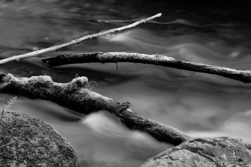 A black and white, long exposure photograph of the Lyre River on the Olympic Peninsula in Washington State.