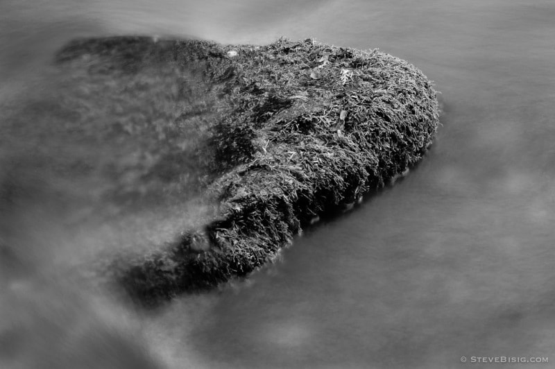 A black and white, long exposure photograph of the Lyre River on the Olympic Peninsula in Washington State.