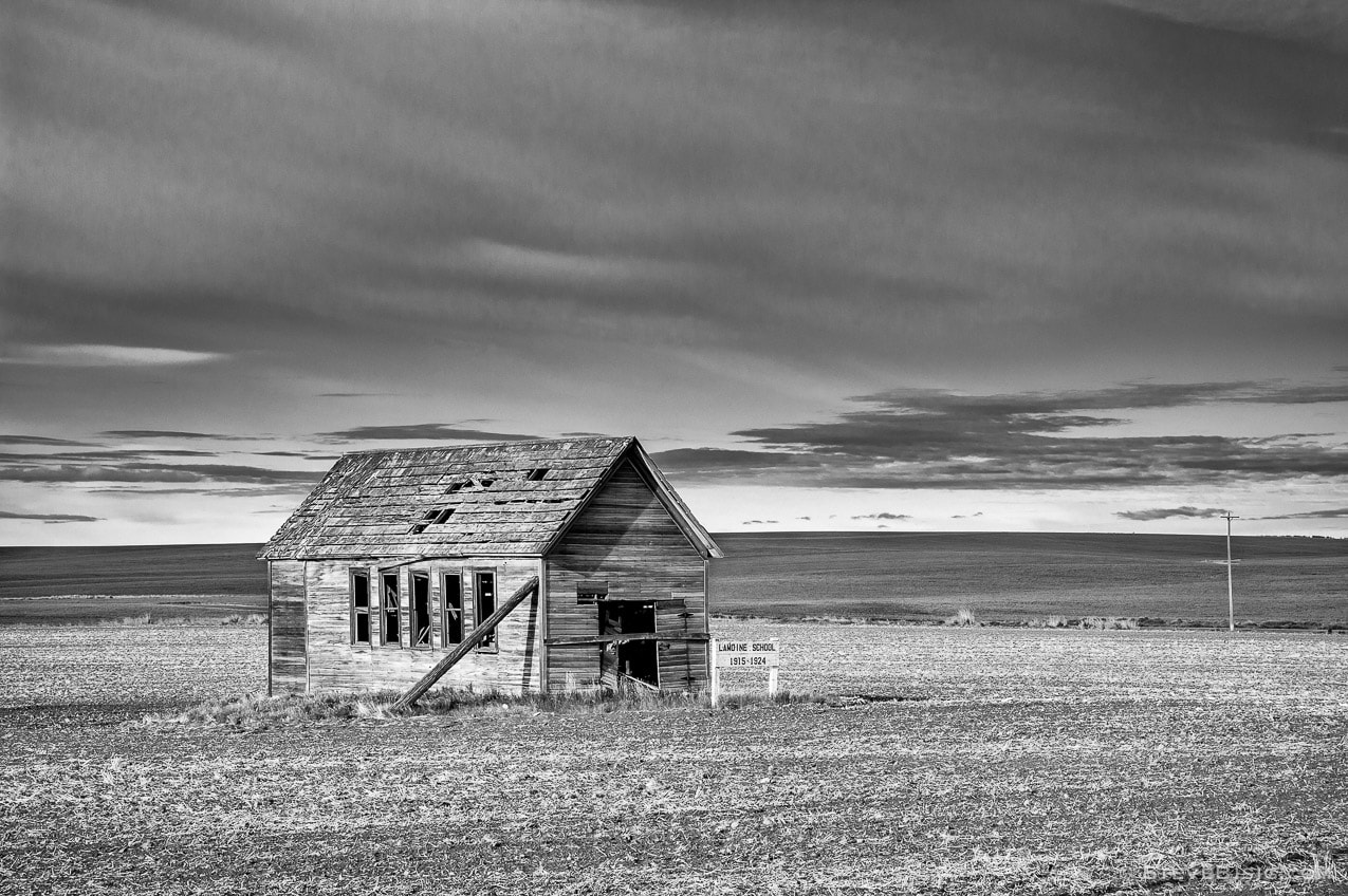 A black and white photograph of the old Lamoine School House in Douglas County at Lamoine, Washington.