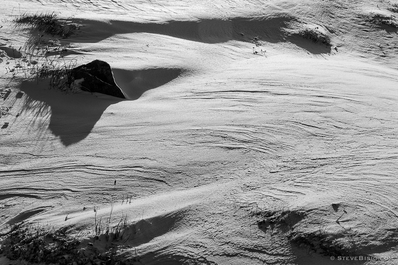 A black and white photograph of textures in fresh fallen Autumn snow near Sunrise at Mount Rainier National Park, Washington.