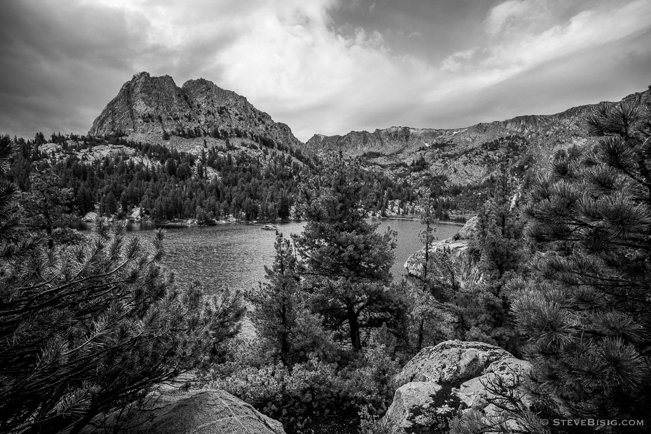 A black and white fine art photograph of the Crystal Lake basin and Crystal Craig near Mammoth Lakes, California.