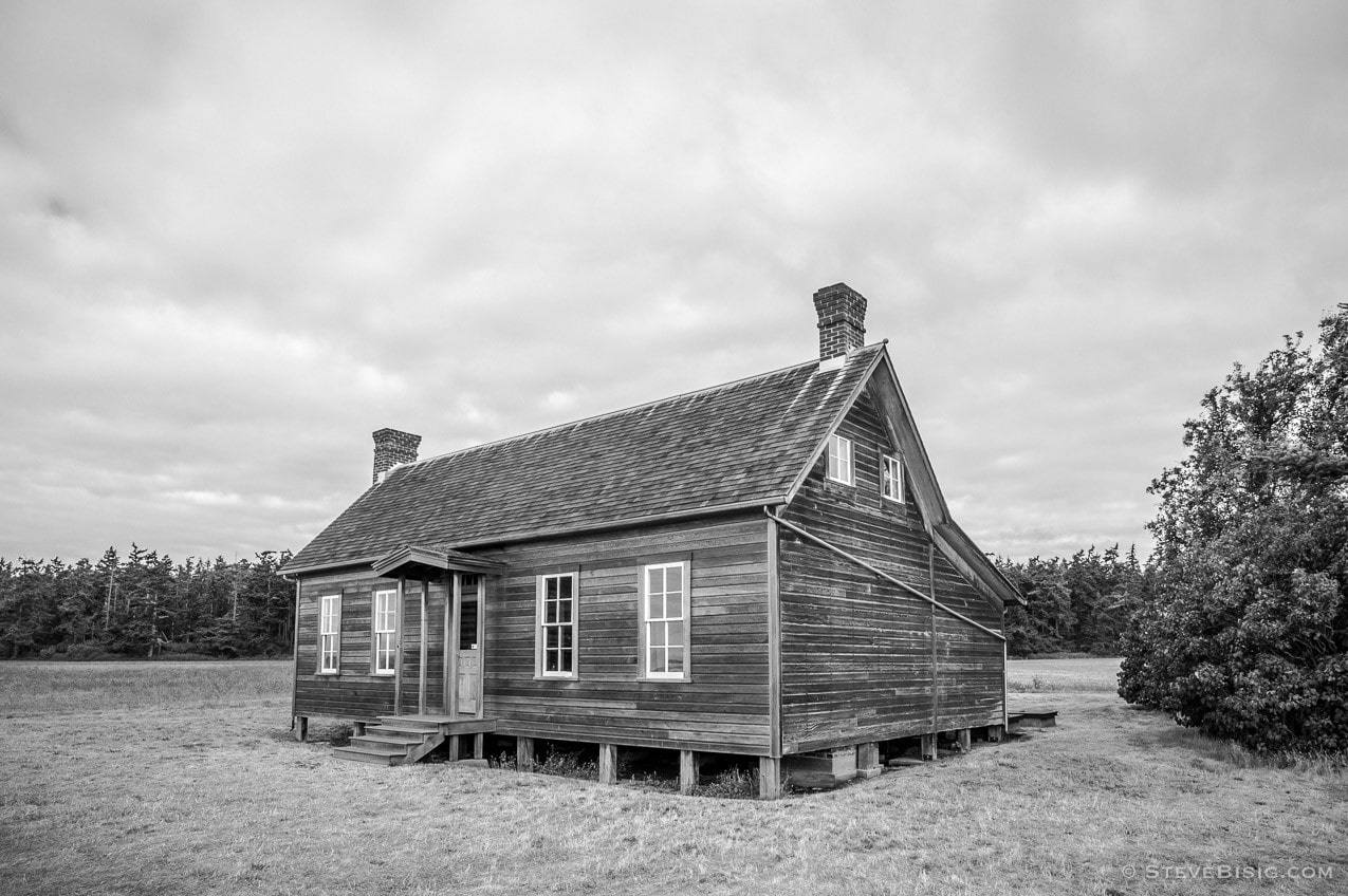 A black and white photograph of the Jacob Ebey's home on Whidbey Island near Coupeville, Washington.