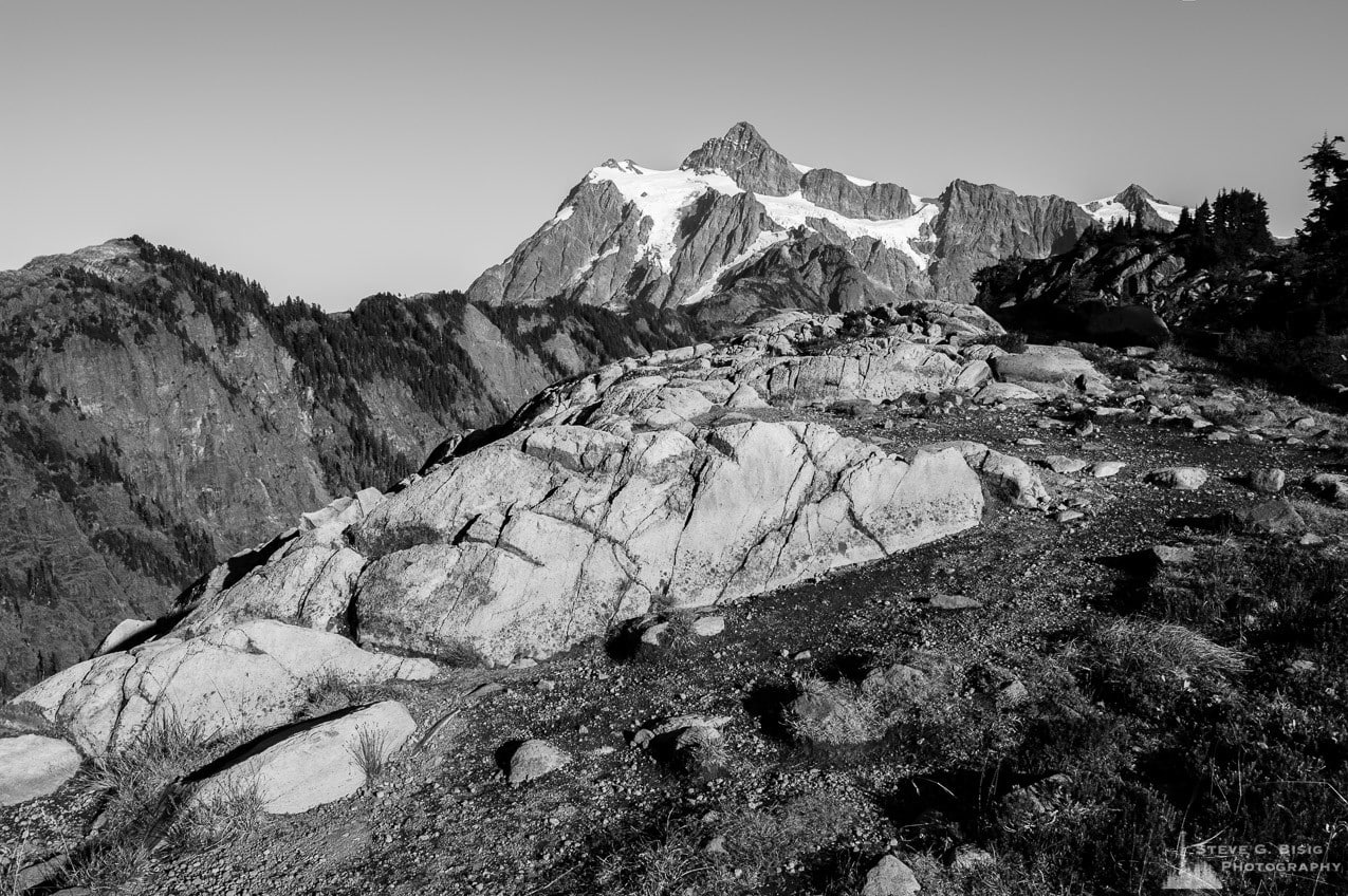 A fine art black and white landscape photograph of Mount Shuksan as viewed from Artist Point near Mount Baker Ski Area, Washington.