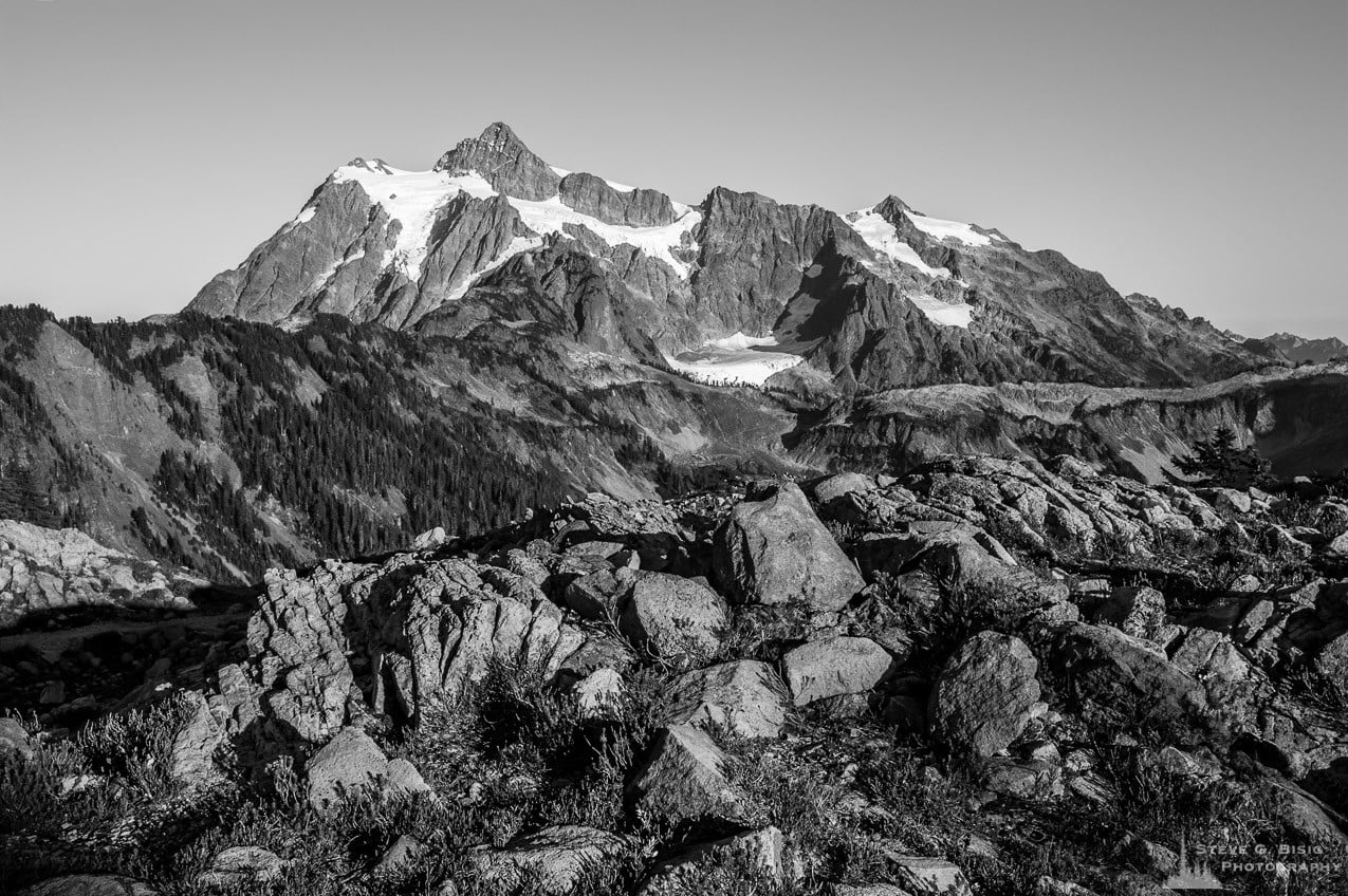 A fine art black and white landscape photograph of Mount Shuksan as viewed from Artist Point near Mount Baker Ski Area, Washington.