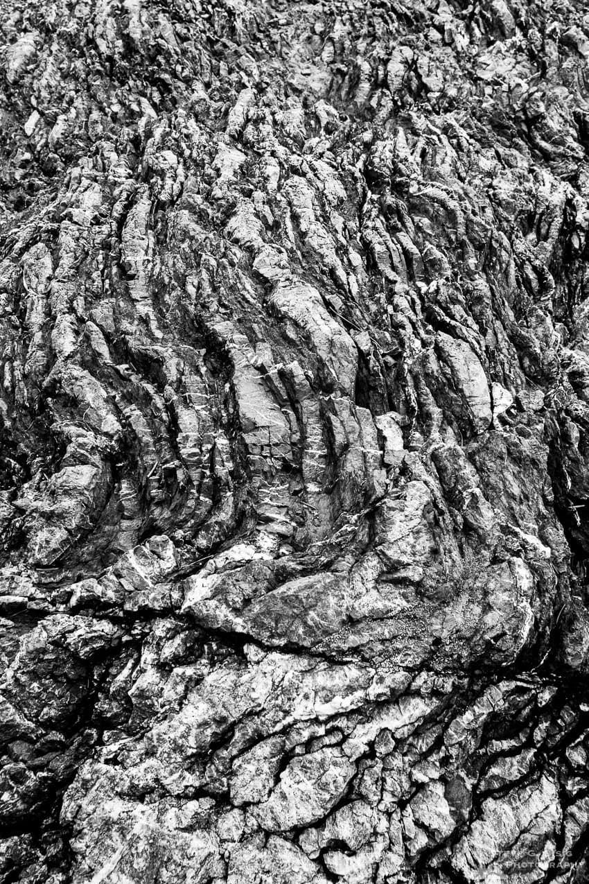 A black and white nature photograph of rock formations on Rosario Head at Deception Pass State Park on Fidalgo Island, Washington.