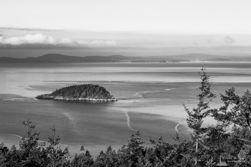 A black and white photograph of Deception Island and the Puget Sound as seen from Goose Rock Summit on Whidbey Island at Deception Pass State Park , Washington.