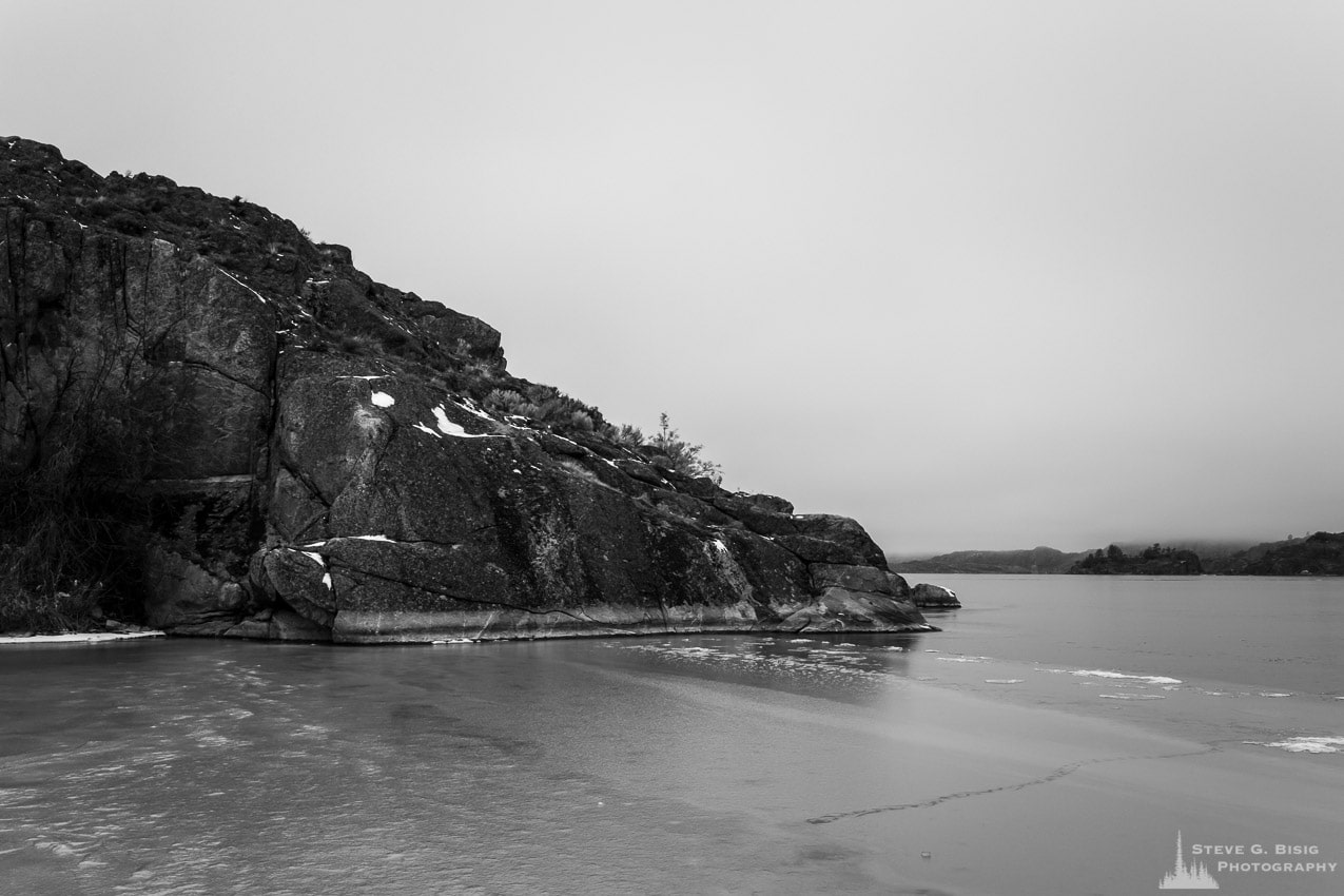 A black and white photograph of a deep freeze of Banks Lake as seen from Steamboat Rock State, Washington.