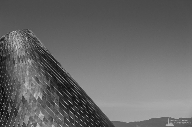 A black and white photograph of the Glass Cone at the Museum of Glass in Tacoma, Washington.