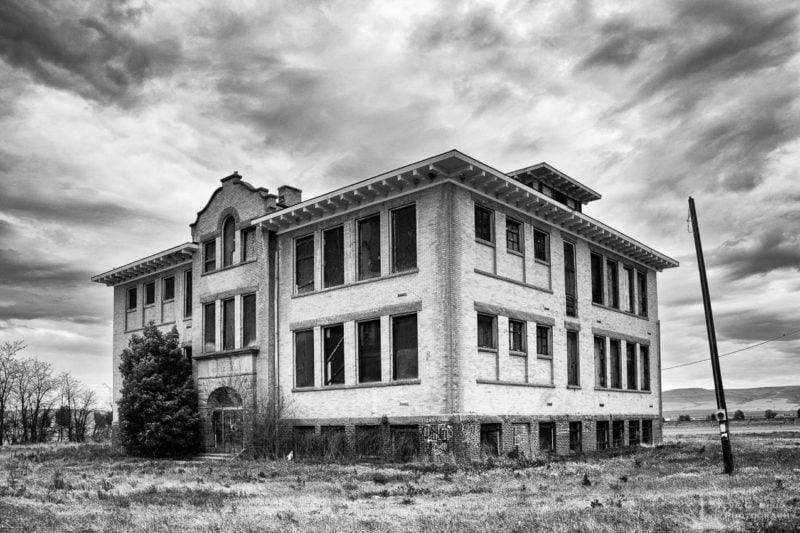 A black and white photograph of the old Mabton High School in Mabton, Washington.