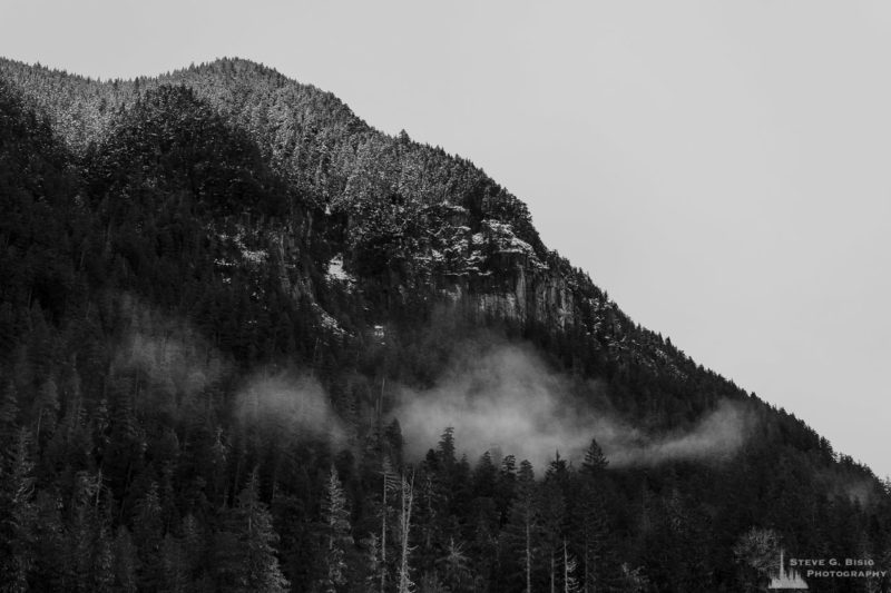 A black and white landscape photograph of the shoulder of Tirzah Peak as vieweed from the Carbon River Valley at Mount Rainier National Park, Washington.