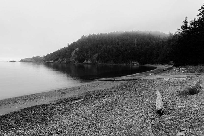 A black and white landscape photograph of the boat launch at Bowman Bay on a foggy Summer morning at Deception Pass State Park, Washington.