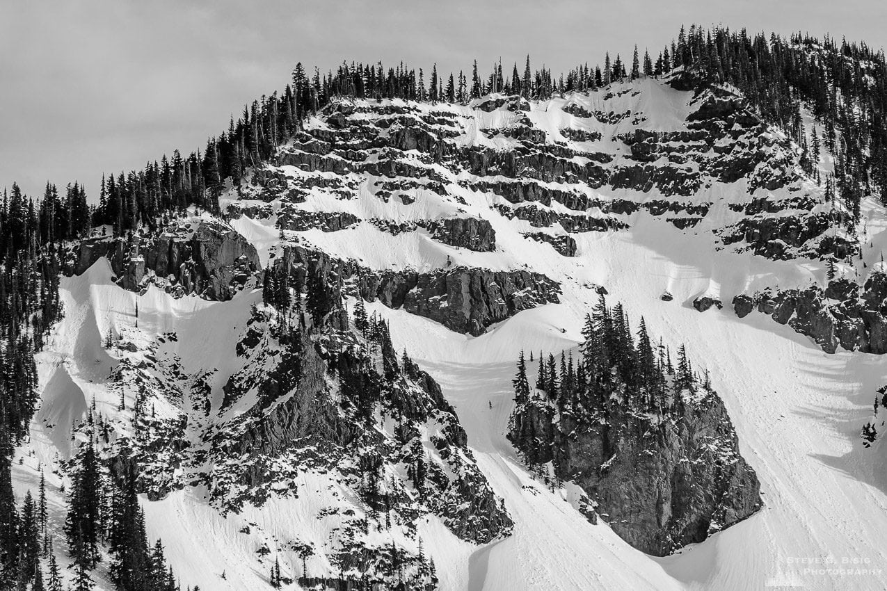 A black and white landscape photograph of Hogback Mountain under a blanket of early spring snow as viewed from Gifford Pinchot National Forest Road 1284 in Lewis County near White Pass, Washington.