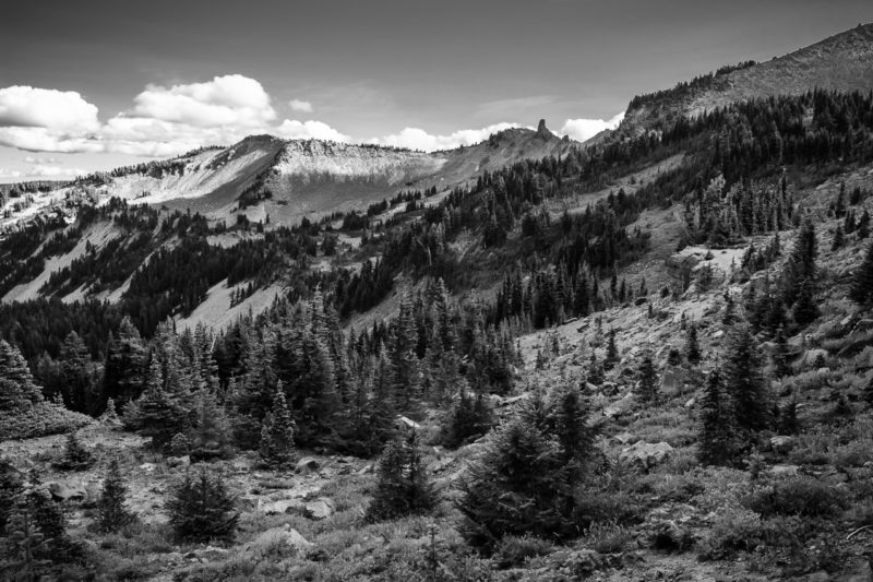 A black and white landscape photograph of Hogback Ridge as viewed from the Pacific Crest Trail (PCT) near White Pass, Washington.