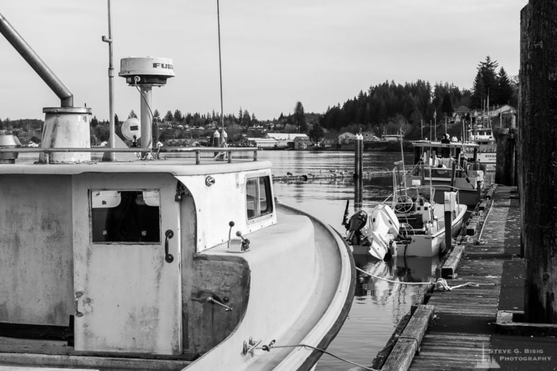 A series of black and white photographs captured along the banks of the Willapa River in downtown South Bend, Washington.