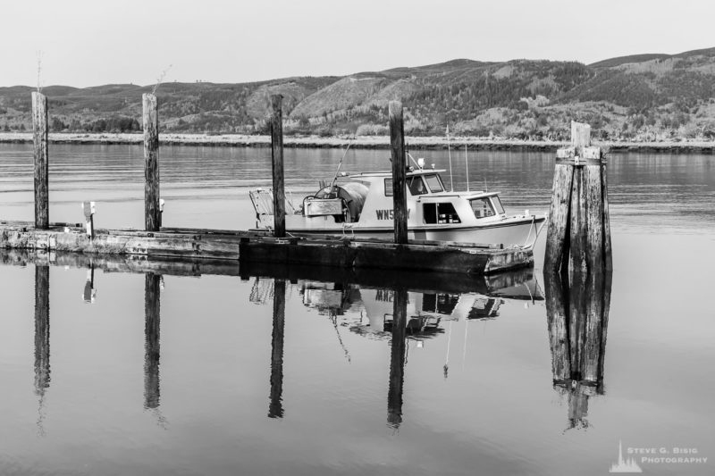 A series of black and white photographs captured along the banks of the Willapa River in downtown South Bend, Washington.