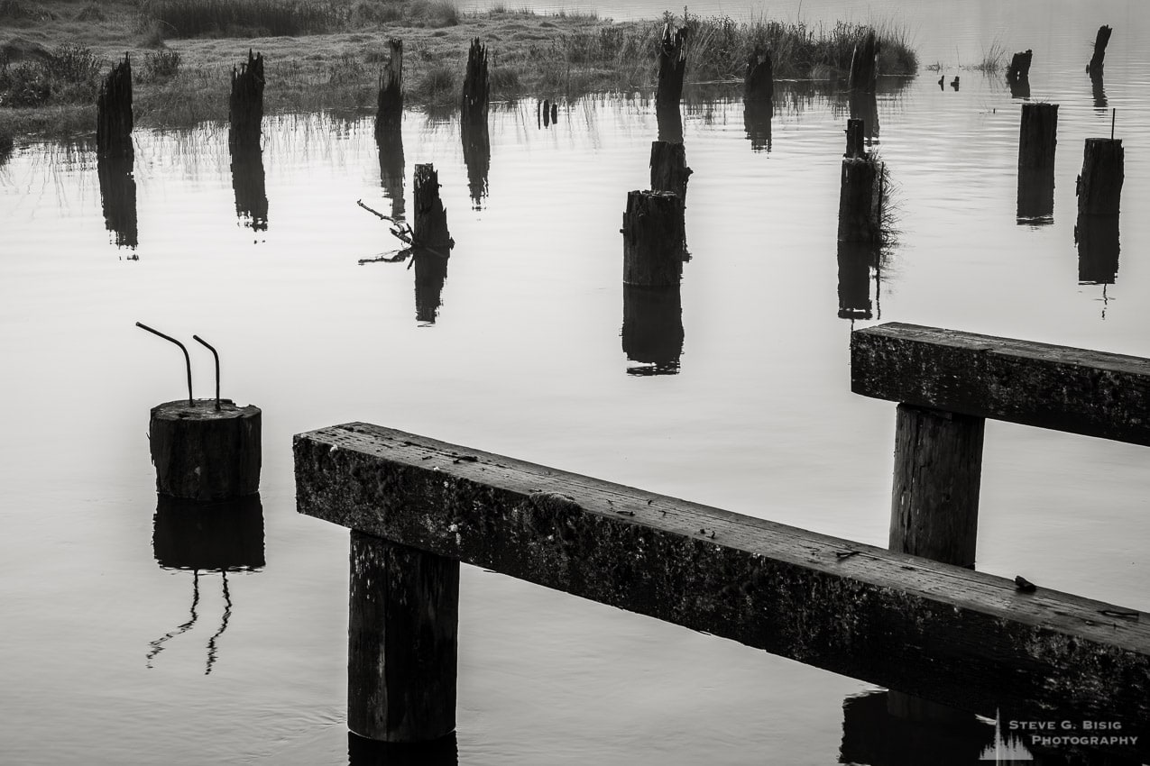 One of a series of black and white photographs of an old wharf along the Willapa River on a foggy autumn morning in Raymond, Washington.