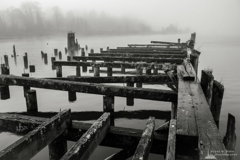 One of a series of black and white photographs of an old wharf along the Willapa River on a foggy autumn morning in Raymond, Washington.