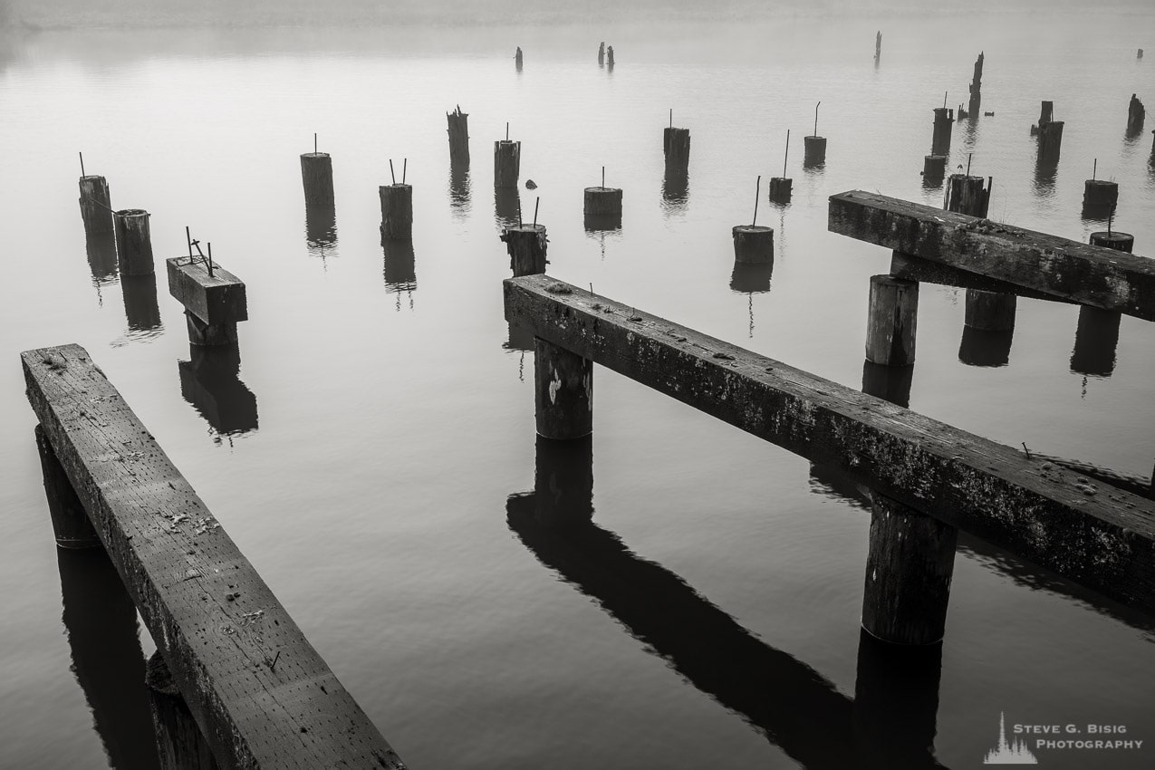 One of a series of black and white photographs of an old wharf along the Willapa River on a foggy autumn morning in Raymond, Washington.