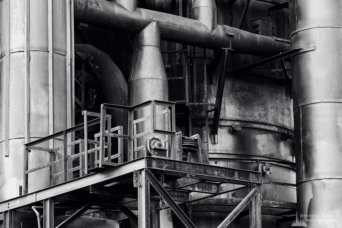 Image 7 of a series of black and white photographs of the old industrial machinery at Gas Works Park, Seattle, Washington.