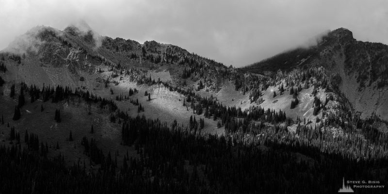 A landscape photograph of Marcus Peak and the Palisades on a cloudy late summer day at Mount Rainier National Park, Washington.