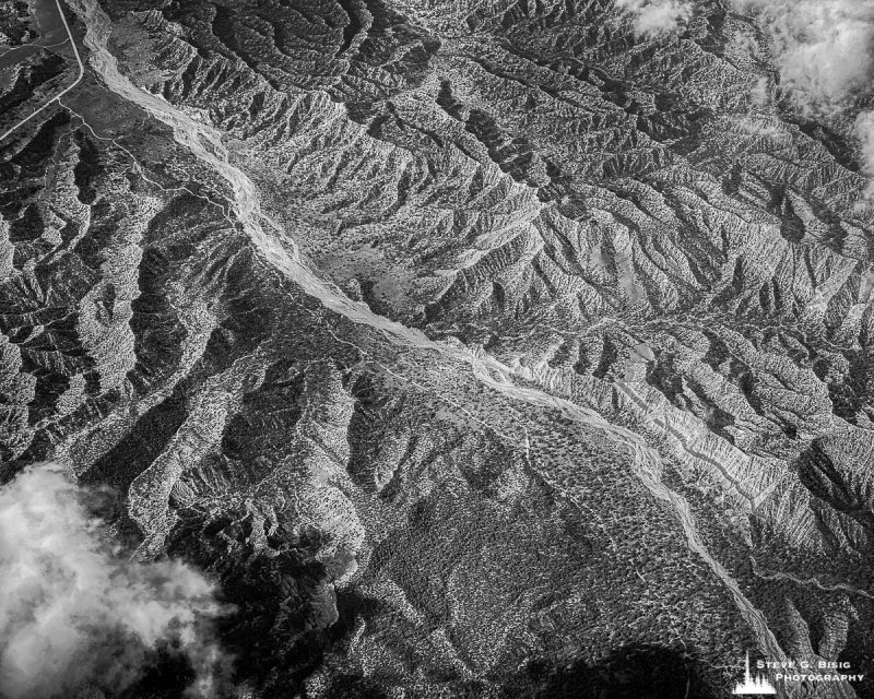 A black and white mobile aerial photograph taken over California desert. 2020-80