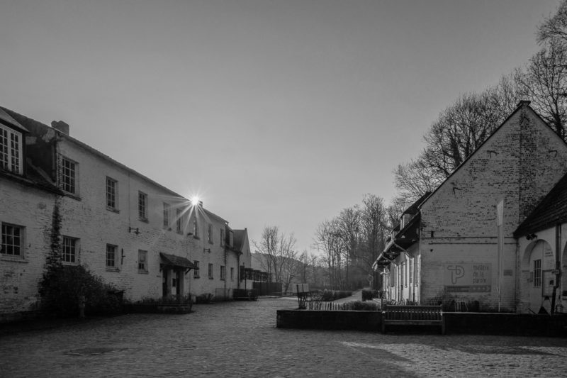 A black and white photograph of the sun rising over Maison de Savoie (House of Savoy) at Rouge Cloître, Auderghem, Belgium.