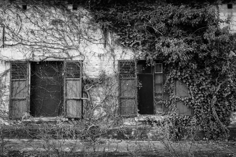 A black and white photograph of the front windows of the Miller's House at the Rouge Cloître in Auderghem, Belgium.