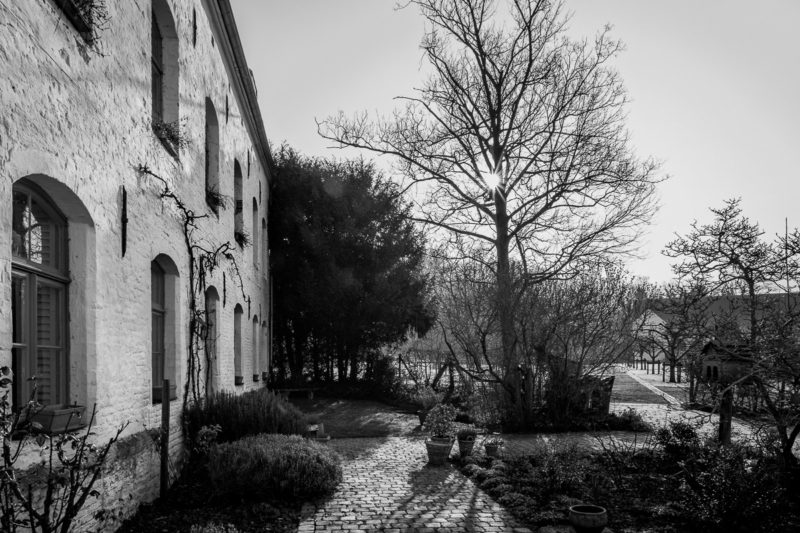 A black and white photograph of the late winter morning sun shining over Le Porterie (The Gatehouse) at Rouge Cloître, Auderghem, Belgium.