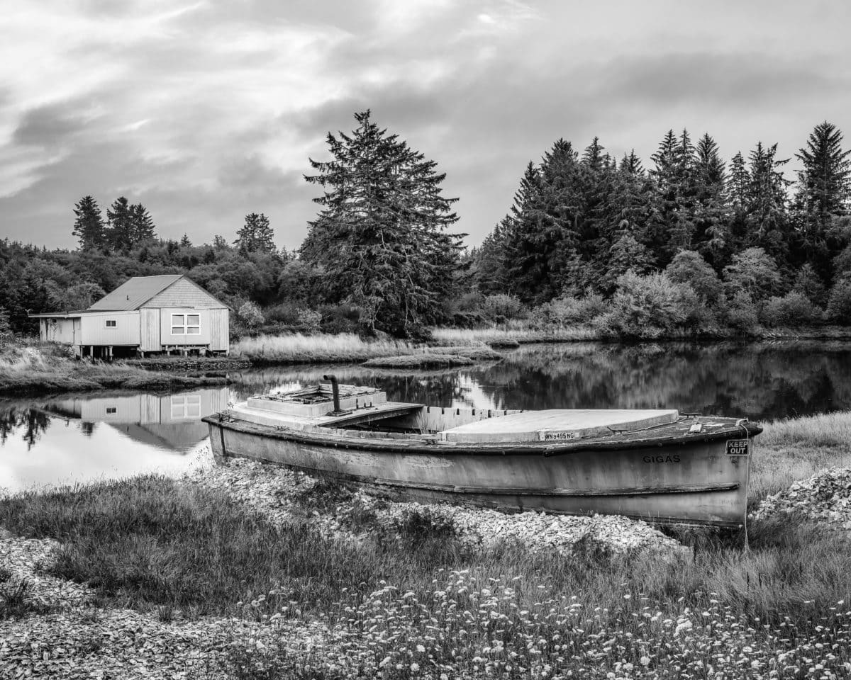 A black and white photograph of the boat "Gigas" grounded along the Willapa Bay coast at Bay Center, Washington.