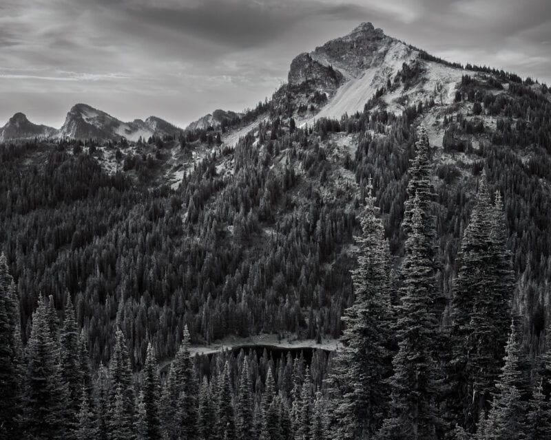 A black and white landscape photograph of 6,710 foot Dewey Peak as viewed along the Naches Peak Loop trail near Chinook Pass, Washington.