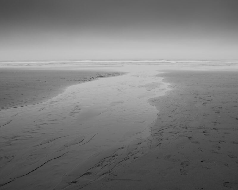 A serene black and white capture of a small stream gracefully meandering its way to the vast, tranquil Pacific Ocean along Kalaloch Beach, Washington. The intricate patterns carved by the stream on the sandy beach tell tales of nature’s artistry. Amidst the quietude, one can almost hear the gentle whispers of waves and winds echoing the timeless dance between land and sea.