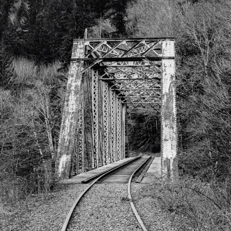 Immerse yourself in the captivating allure of the "Old Steel Railroad Bridge" as it spans the Nehalem River in scenic Oregon. This black and white intimate landscape photograph showcases the bridge's timeless beauty, revealing its weathered steel structure against the picturesque backdrop of the spring forest. The monochrome tones evoke a sense of nostalgia, inviting you to explore the rich history and tranquility of this iconic landmark nestled in the heart of northwestern Oregon.