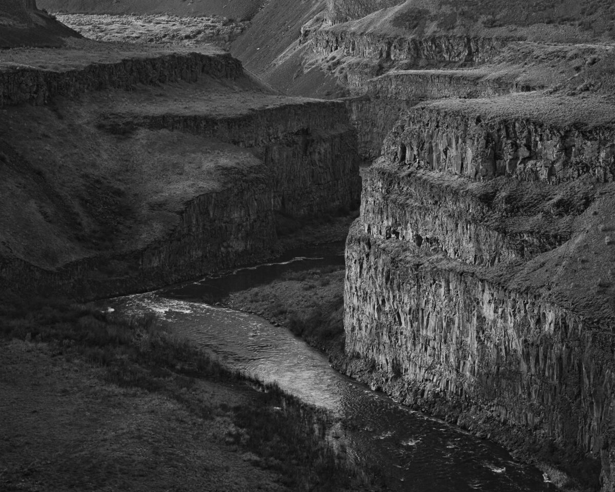 A black and white landscape photograph of the Palouse River Canyon, Washington.