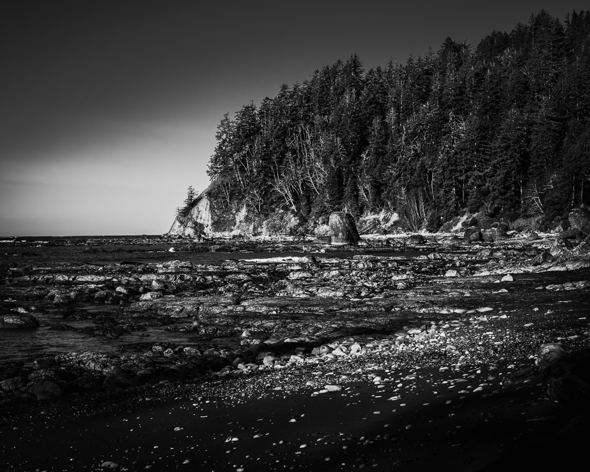 This black-and-white photograph reveals the tranquil meeting of forest and sea at Rialto Beach, Washington. The rugged coastline and dense trees create a serene, timeless landscape, inviting reflection and connection with nature.