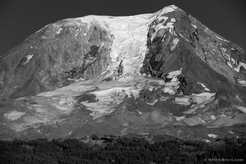 A black and white photograph of the Adams Glacier on Mt Adams in Washington State