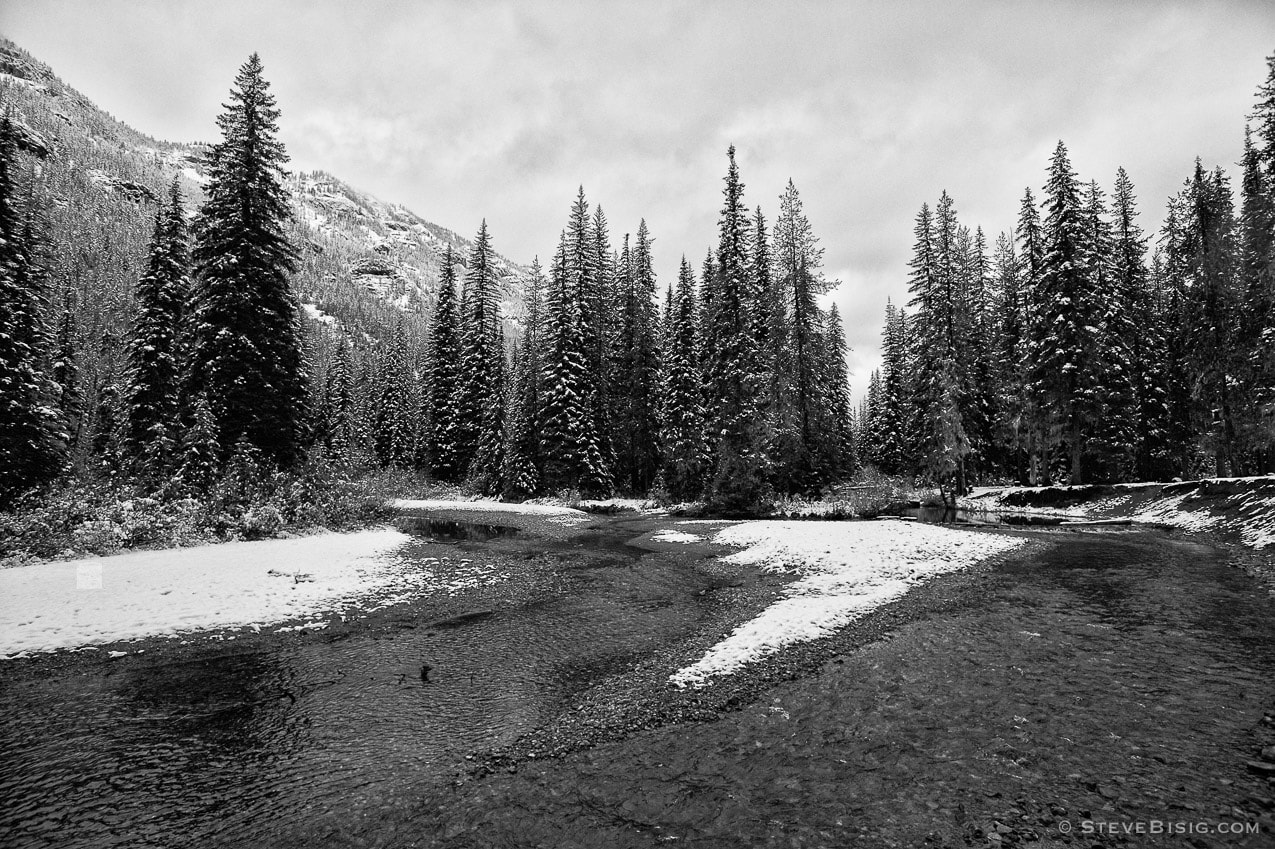 A late October snowfall on the upper Cle Elum River near Salmon la Sac in Kittitas County, Washington.