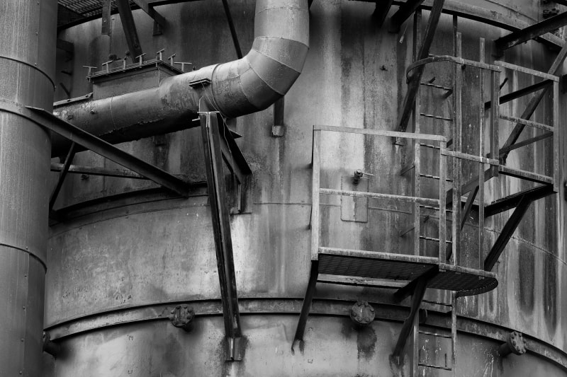 A black and white photograph of the old industrial machinery at Gas Works Park, Seattle, Washington.