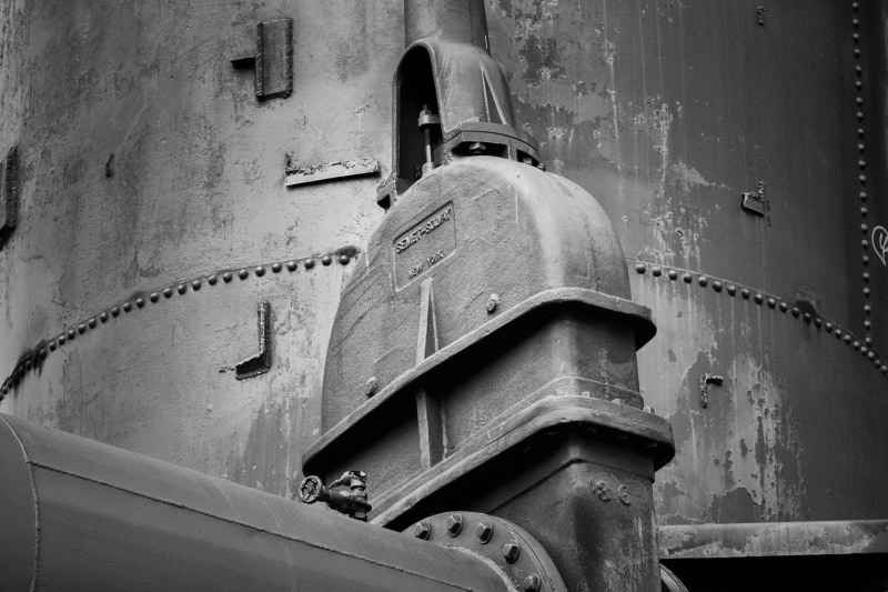 A black and white photograph of the old industrial machinery at Gas Works Park, Seattle, Washington.