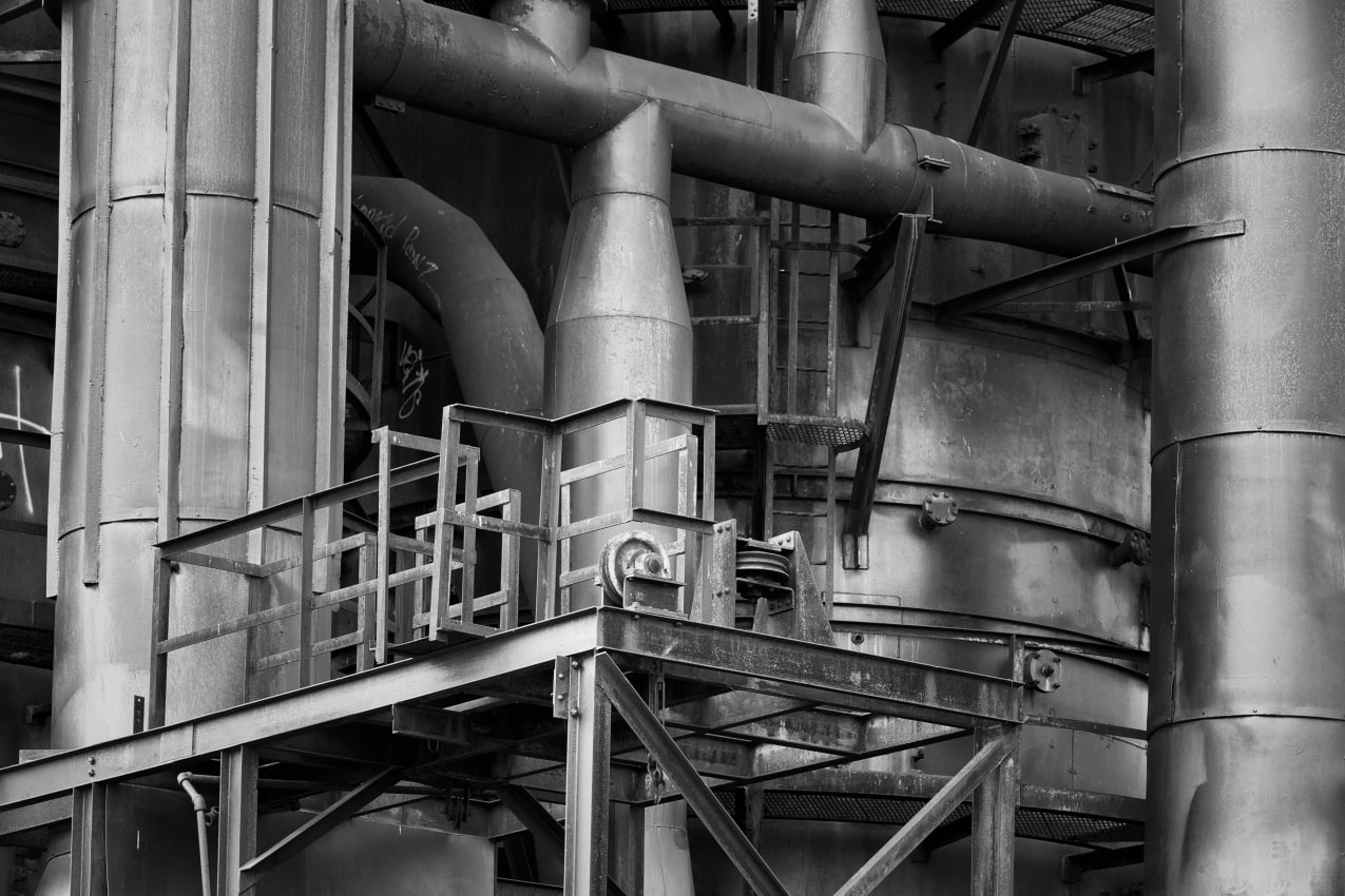 A black and white photograph of the old industrial machinery at Gas Works Park, Seattle, Washington.