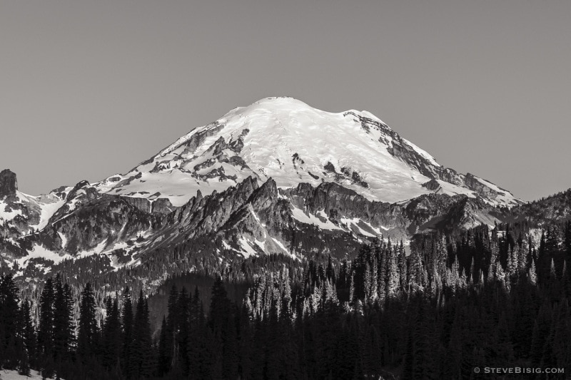 A black and white photograph of Mt Rainier as viewed from Highway 410 (Chinook Pass Highway), Washington.