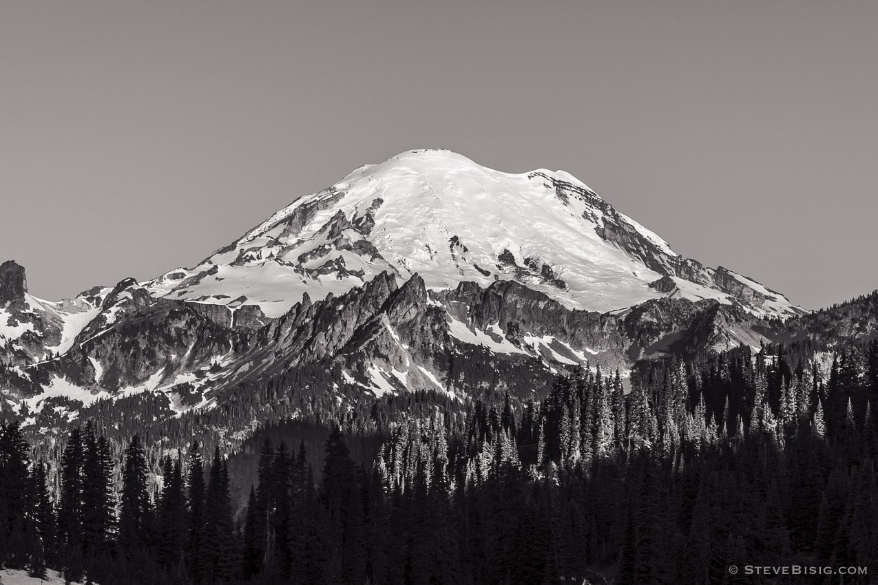 A black and white photograph of Mt Rainier as viewed from Highway 410 (Chinook Pass Highway), Washington. 