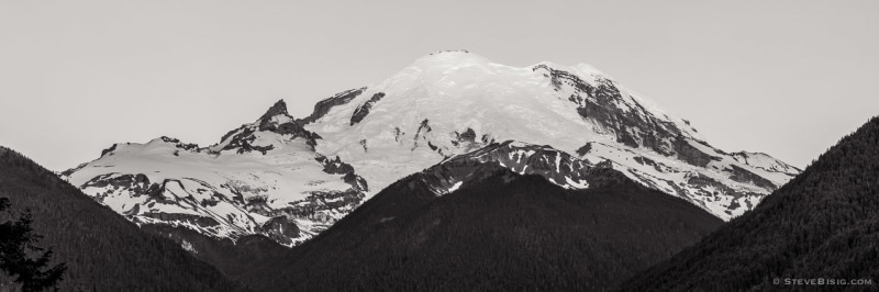 A black and white panorama photograph of Mt Rainier as viewed from Highway 410 (Chinook Pass Highway), Washington.