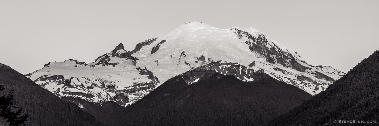 A black and white panorama photograph of Mt Rainier as viewed from Highway 410 (Chinook Pass Highway), Washington. 