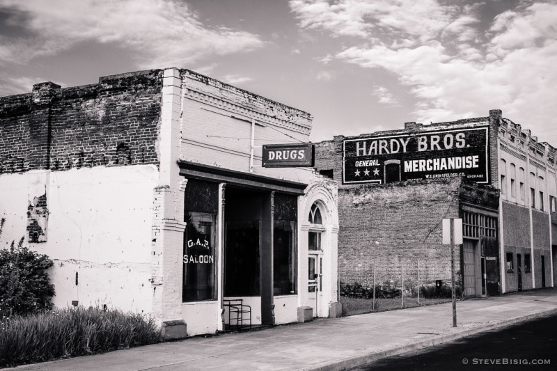 A black and white photograph of a portion of downtown Oaksdale, Washington.