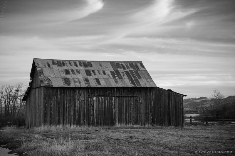 A black and white photograph of an old barn off Weaver Rd, near Ellensburg, Washington.