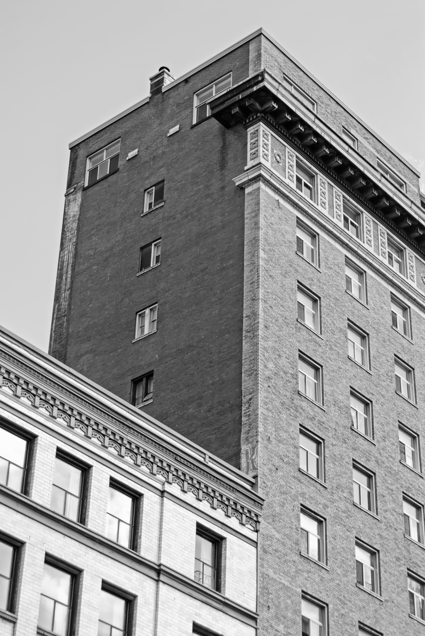 A black and white urban architectural image of downtown Seattle, Washington.