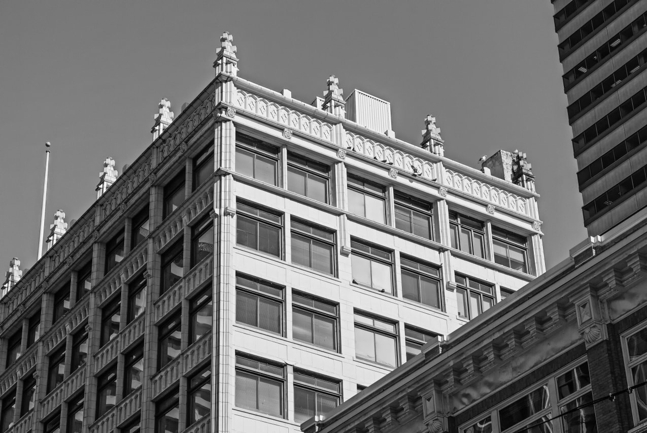 A black and white urban architectural image of downtown Seattle, Washington.