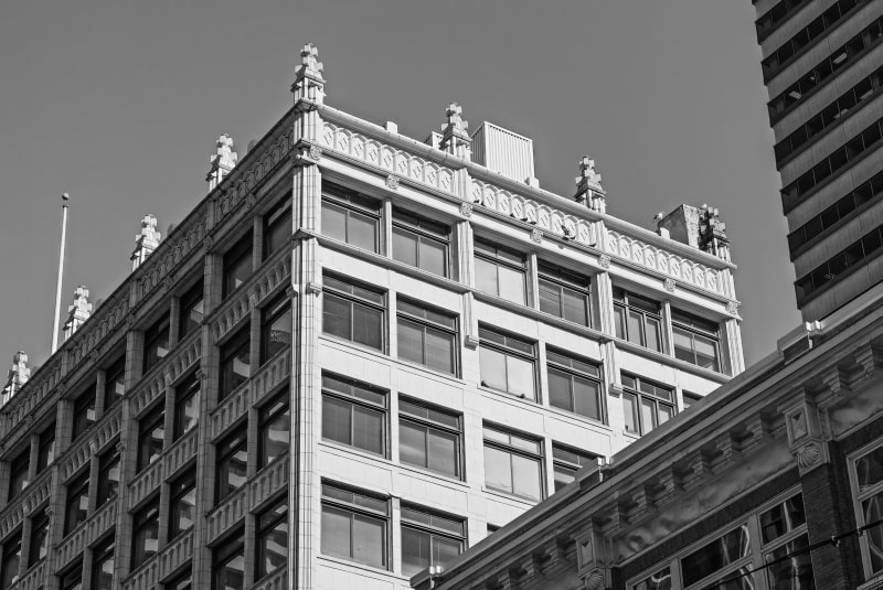 A black and white urban architectural image of downtown Seattle, Washington.